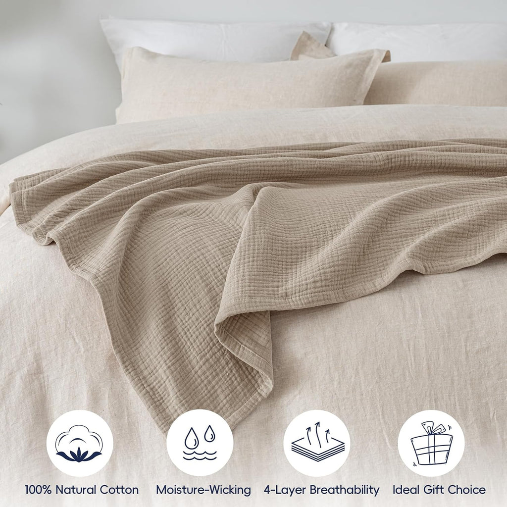 100% Cotton Muslin Throw Blanket 50" x 60", 4-Layer Lightweight Gauze Throw, Breathable Cloud-Soft Minimalist