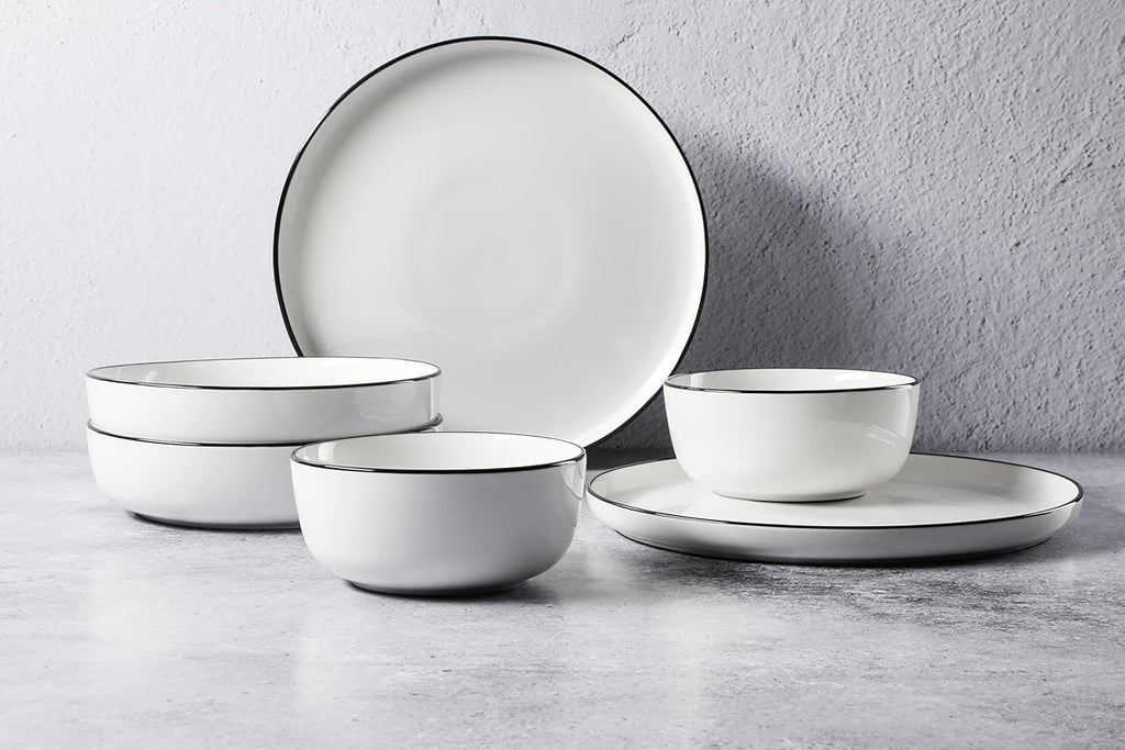 Oslo 16-Piece Porcelain Dinnerware Set, Service for 4 - White Plates with Black Rim, Microwave & Dishwasher Safe