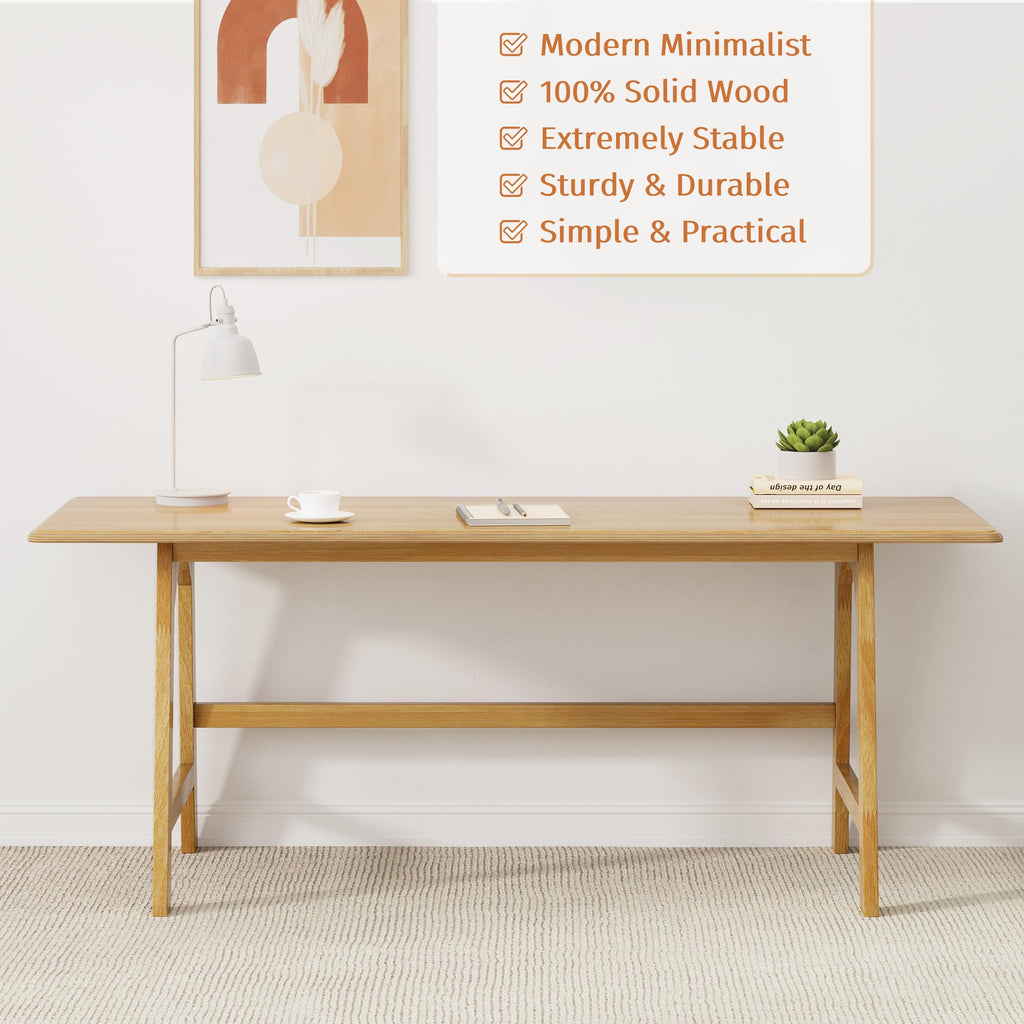 Solid Wood Writing Table - 72" W Minimalist Long Computer Desk, Oak