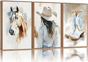 Large Western Cowgirl Posters Framed Canvas Wall Art Set, Blue and White Horse Wall Decor, Glam Rodeo Boots Art