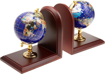 Art 7-Inch Tall Pair of Blue Lapis Ocean Gemstone World Globe Bookends