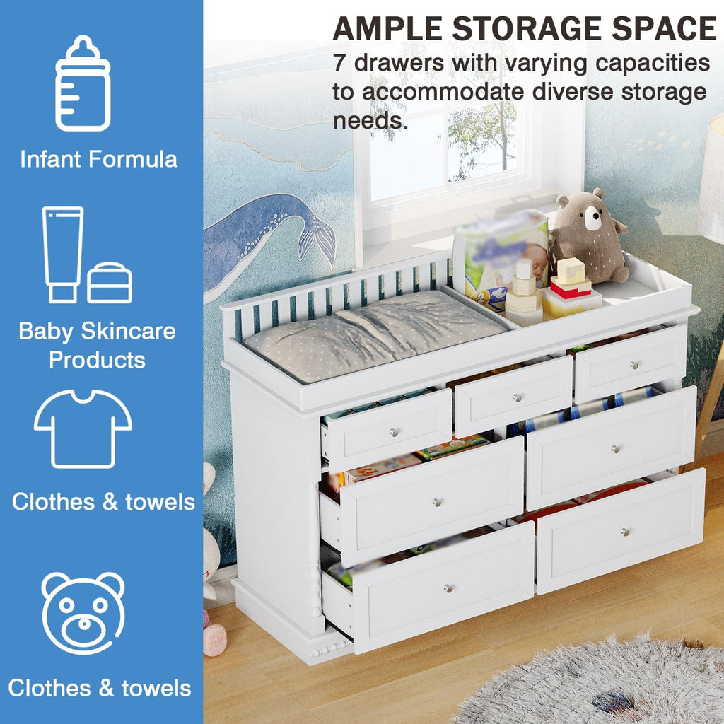 56.5" Baby Dresser with Removable Changing Table Top, Large White Dresser with 7 Storage Drawers, Baby Changing
