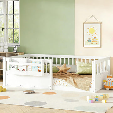Twin Size Kids Montessori Floor Bed,Solid Wood Floor Bed Frame with Bookshelf and High Fence for Kids,Girls,Boys,White
