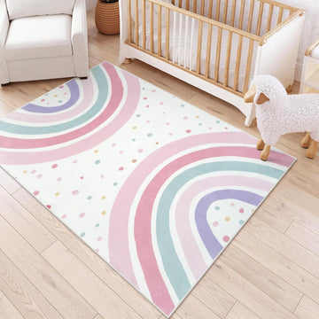 5x7 Washable Rainbow Rug for Girls Bedroom, Soft Polka Dot Pink Rug for Girls Room Nursery, Non-Slip Large Kids