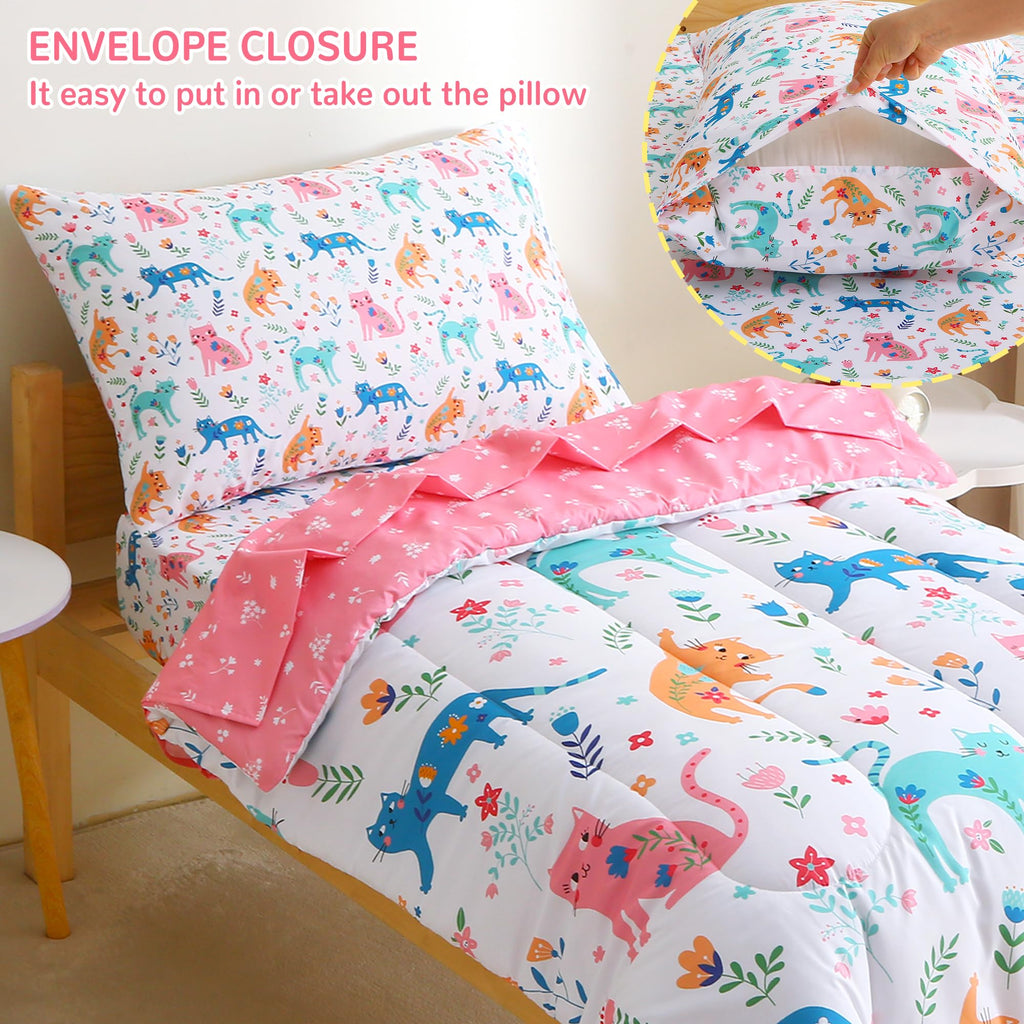 Toddler Bedding Sets for Girls,4 Pieces Floral Cat Printed
