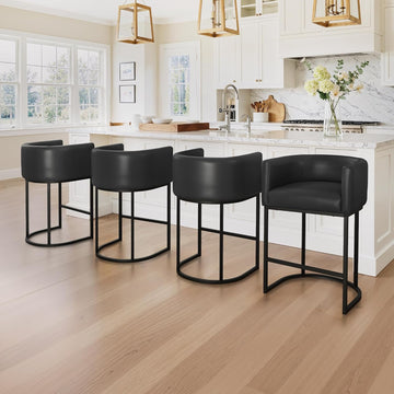 Counter Height Bar Stools Set of 4, Modern Barrel Counter Stools with Backrest and Arms, Black Metal Frames, Faux