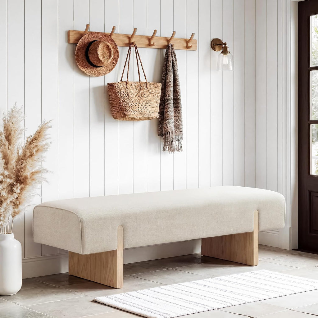 55'' Upholstered End of Bed Bench, Linen Entryway Bench with Solid Wood Legs, Farmhouse Wooden Dining Room Bench