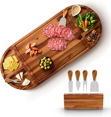 30" Large Acacia Wood Charcuterie Board with 4 Knives Set, Magnetic | Removable 3 Parts, Magnetic, No Assembly Wooden