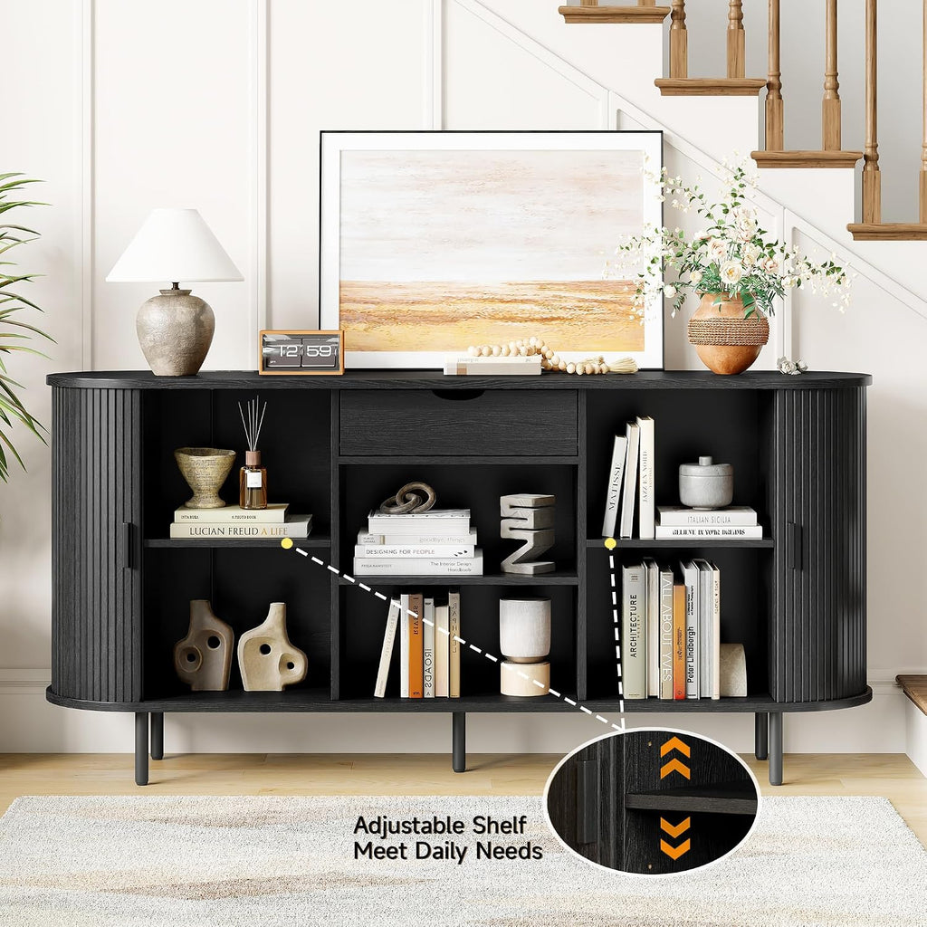 63'' Fluted Sideboard Buffet Cabinet with Storage, Large Credenza Storage Cabinet with Drawers, Mid Century Modern