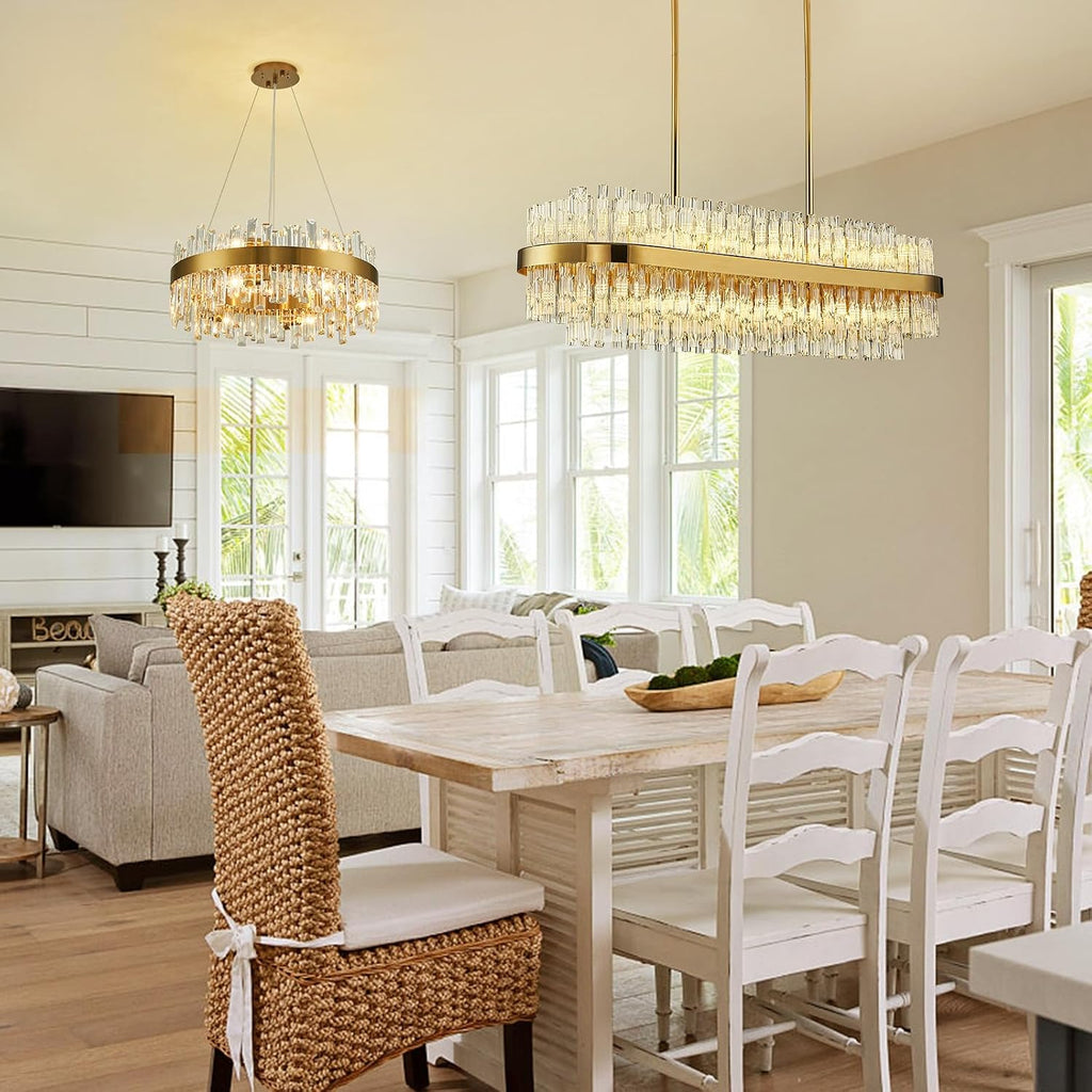 Modern Crystal Chandelier 20 Lights Gold Rectangle 2 Tiers Raindrop Chandelier Luxury Adjustable Flush Mount Oval