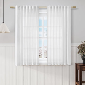 White Linen Back Tab Rod Pocket Curtains 56 Inch Length 2 Panels Set Semi Sheer Light Filtering Privacy Drapes