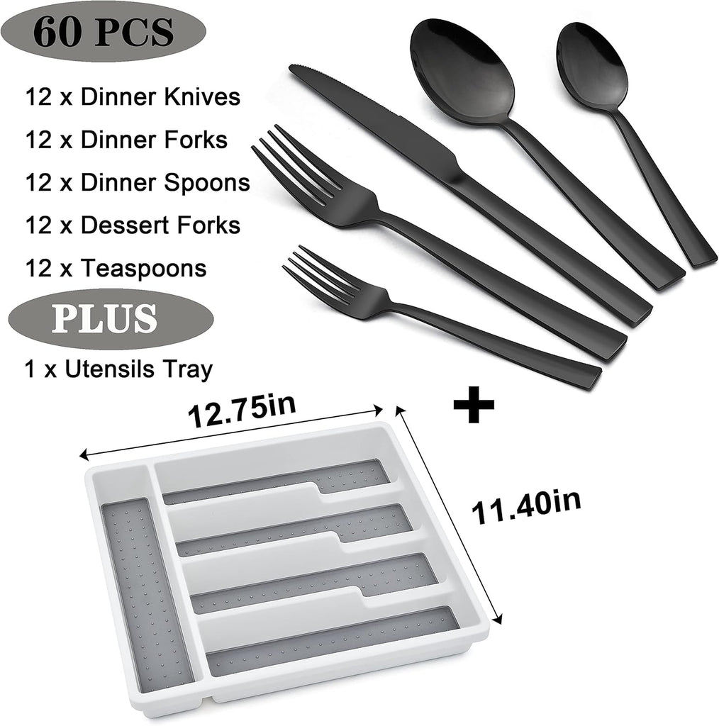 60-Piece Black Silverware Set with Organizer Tray, Stainless Steel Square Flatware Cutlery Set for 12