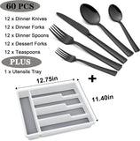 60-Piece Black Silverware Set with Organizer Tray, Stainless Steel Square Flatware Cutlery Set for 12