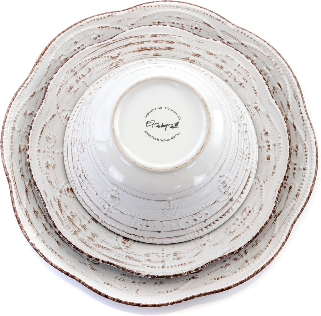 Rustic Birch 16 Piece Embossed Scalloped Stoneware Round Dinnerware Set in White with Brown Accents