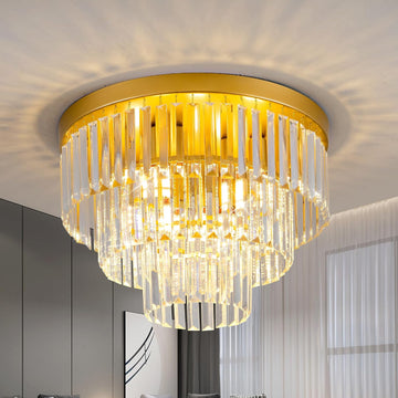 Gold Crystal Ceiling Light 17" Luxury K9 Crystal Dining Room Light 3-Tiers Modern Flush Mount Ceiling Light 4-Lights
