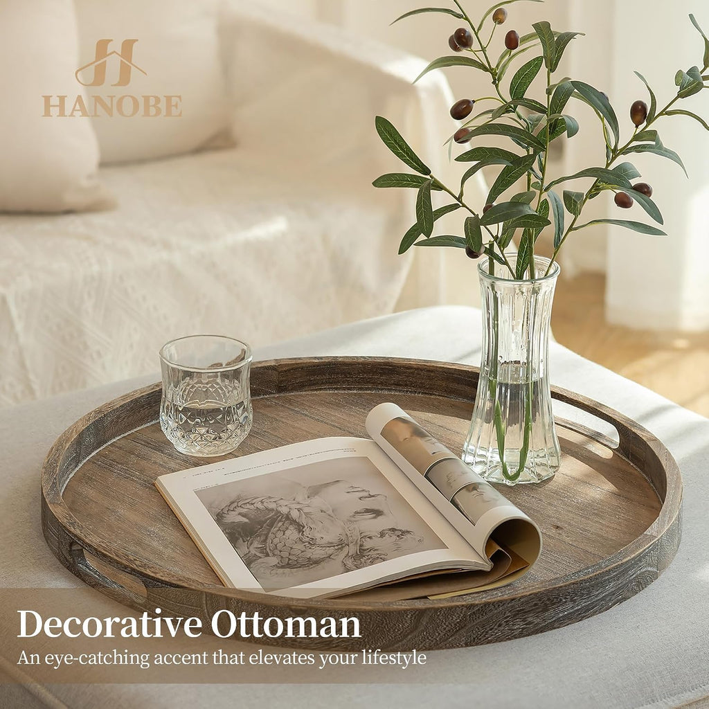 Wood Decorative Ottoman Tray with Handles, Round | 22" Large Coffee Table Tray Farmhouse Rustic Round Topper Decor