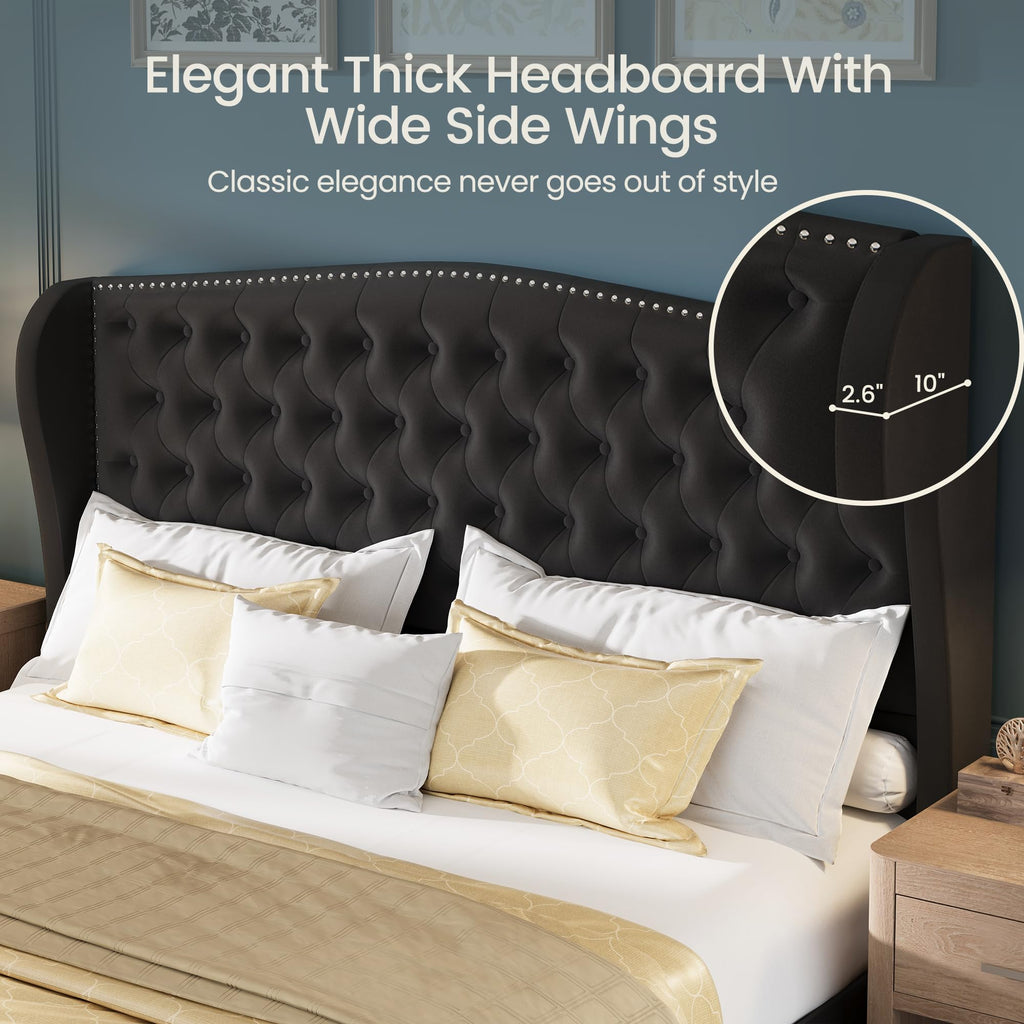 King Size Bed Frame Velvet Upholstered Platform Bed with Wingback Headboard & Footbaord, Deep Button Tufted Bed Frame