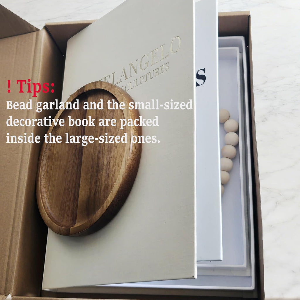 4-in-1 Decorative Books Set, Coffee Table Books Decor, 2 Linen Fake Book Boxes with Wood Tray, Bead Garland for