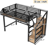 Twin XL Size Loft Bed with Stairs and Wardrobe,Heavy Duty Metal Loft Bed Frame with Shelves,LED Lights and Charging