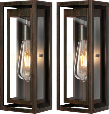 15" Large Outdoor Light Fixture Wall Mount, 2 Pack Distressed Brown Outdoor Sconce Lights, Modern Waterproof Exterior Porch Lights with Clear Glass Shade for Front Door, Garage