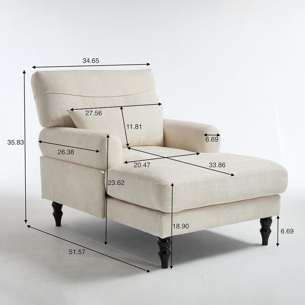 Chaise Lounge Chair Indoor, Leisure Sleeper Sofa w/Cushion, White | Modern Accent Upholstered Reading Side Armchair