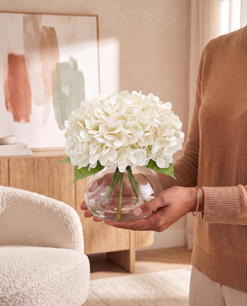 Hydrangea Artificial Flowers with Vase, Real Touch Latex, White - Set of 5