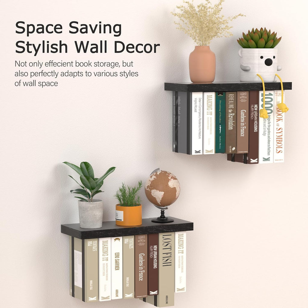 Floating Book Shelves for Wall Set of 2, Unique Wood Hanging Bookshelf | Easy Install Wall Bookshelf with Anti-Tilt