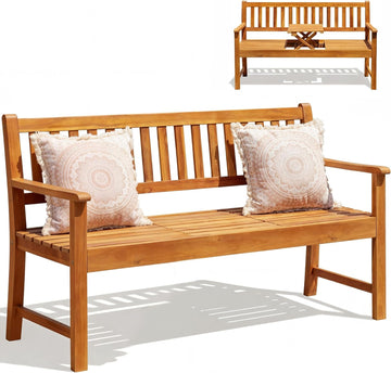 Acacia Wood Outdoor Bench, 2-Person Garden Bench with Pull-Out Table | Sturdy Patio Bench Porch Bench, Wooden Bench