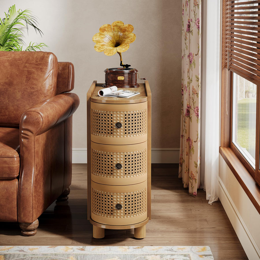 Solid Wood, 3-Drawer Rattan Side Table, Night Stand with 3 Rattan Drawers and Exquisite Embossed Handles, No