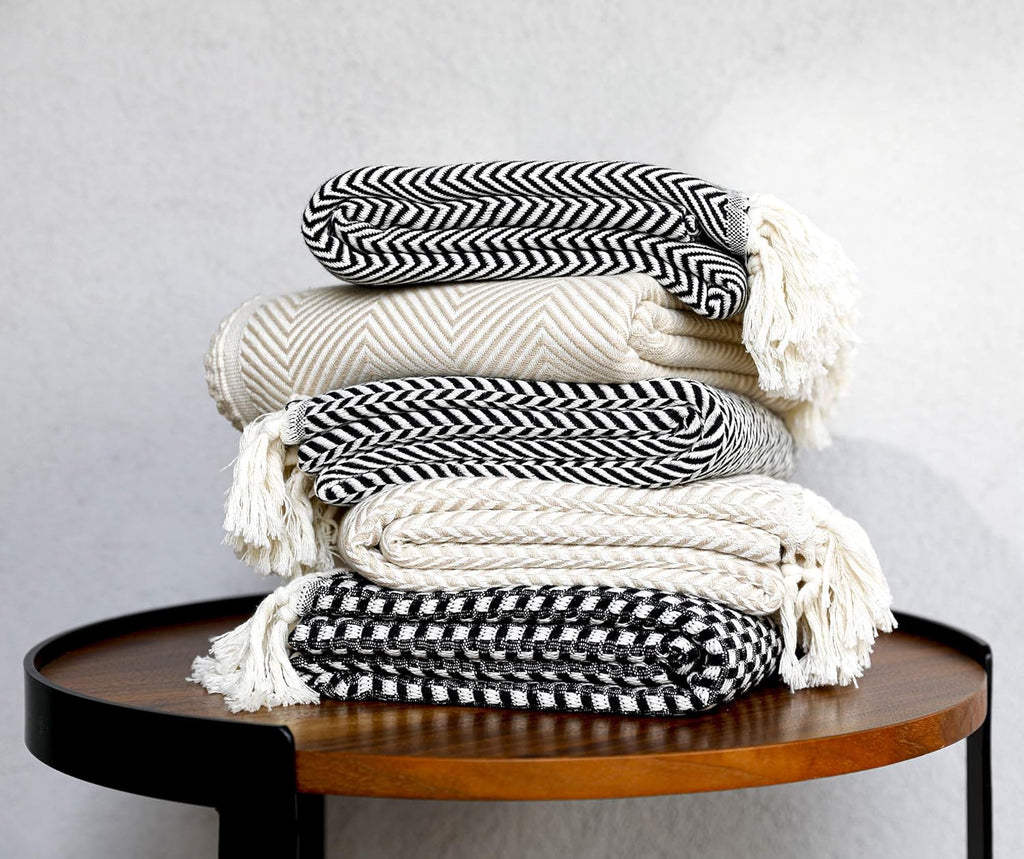 Premium Cotton Light Weight Boho Throw Blanket 50”x60” Gray Black and Off White