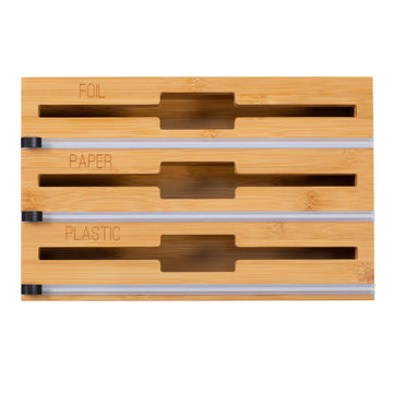 Bamboo Wrap Organizer with Safety Cutter - 3-in-1 Drawer Holder for Aluminum Foil, Wax & Parchment Paper, and Plastic