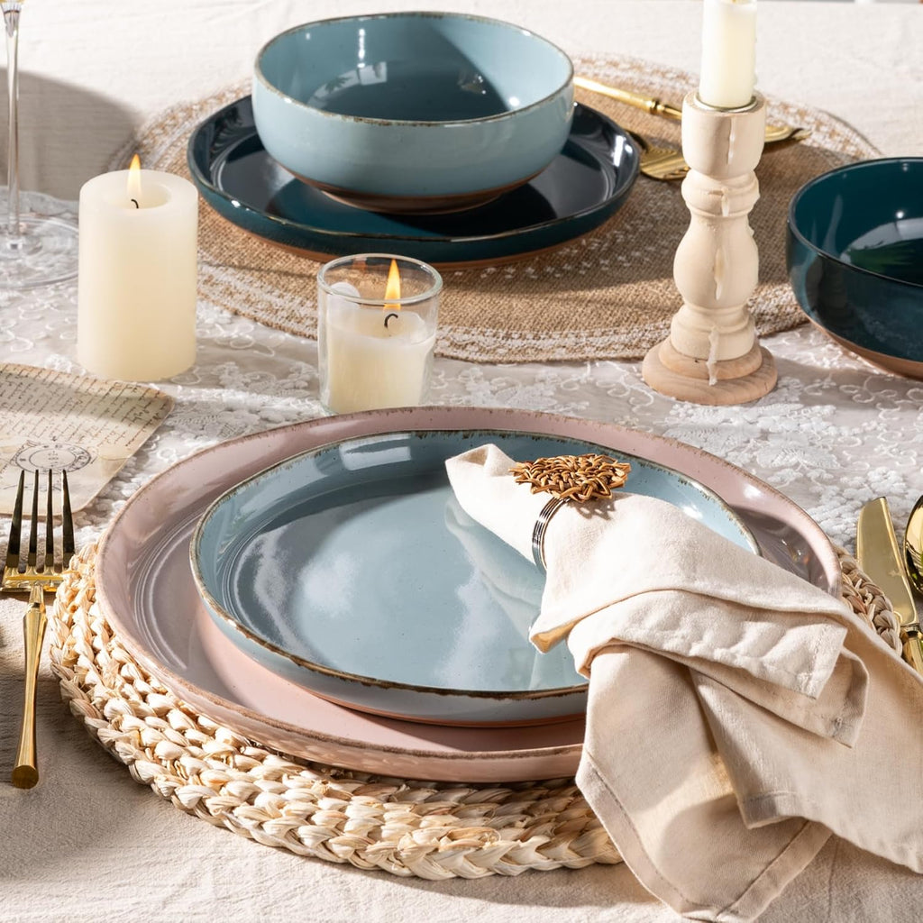 Ceramic Dinnerware Sets for 4, 12 Pieces Handpainted Plates and Bowls Set with Rustic Terracotta Underside