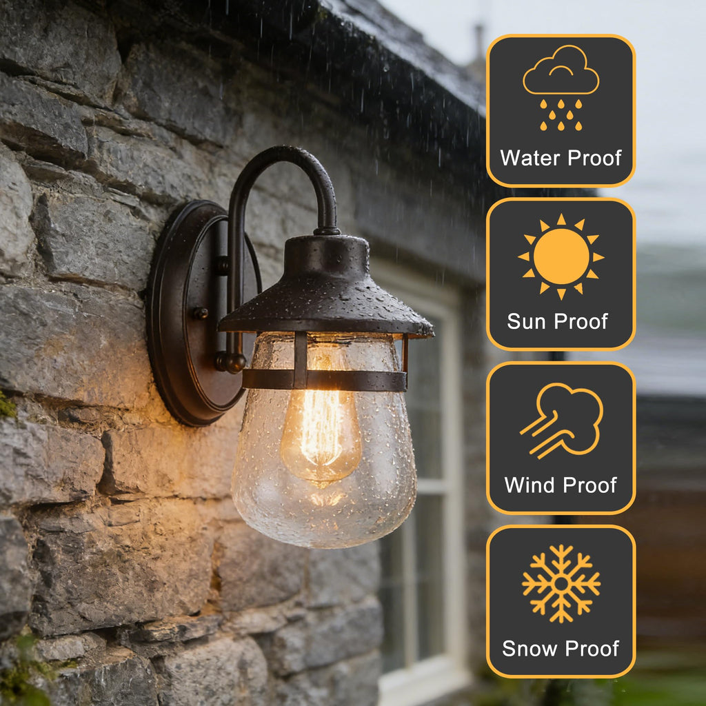 Outdoor Wall Sconce with Clear Seeded Glass Shade, Waterproof Exterior Fixture in Oil Rubbed Bronze Finish, Suit for