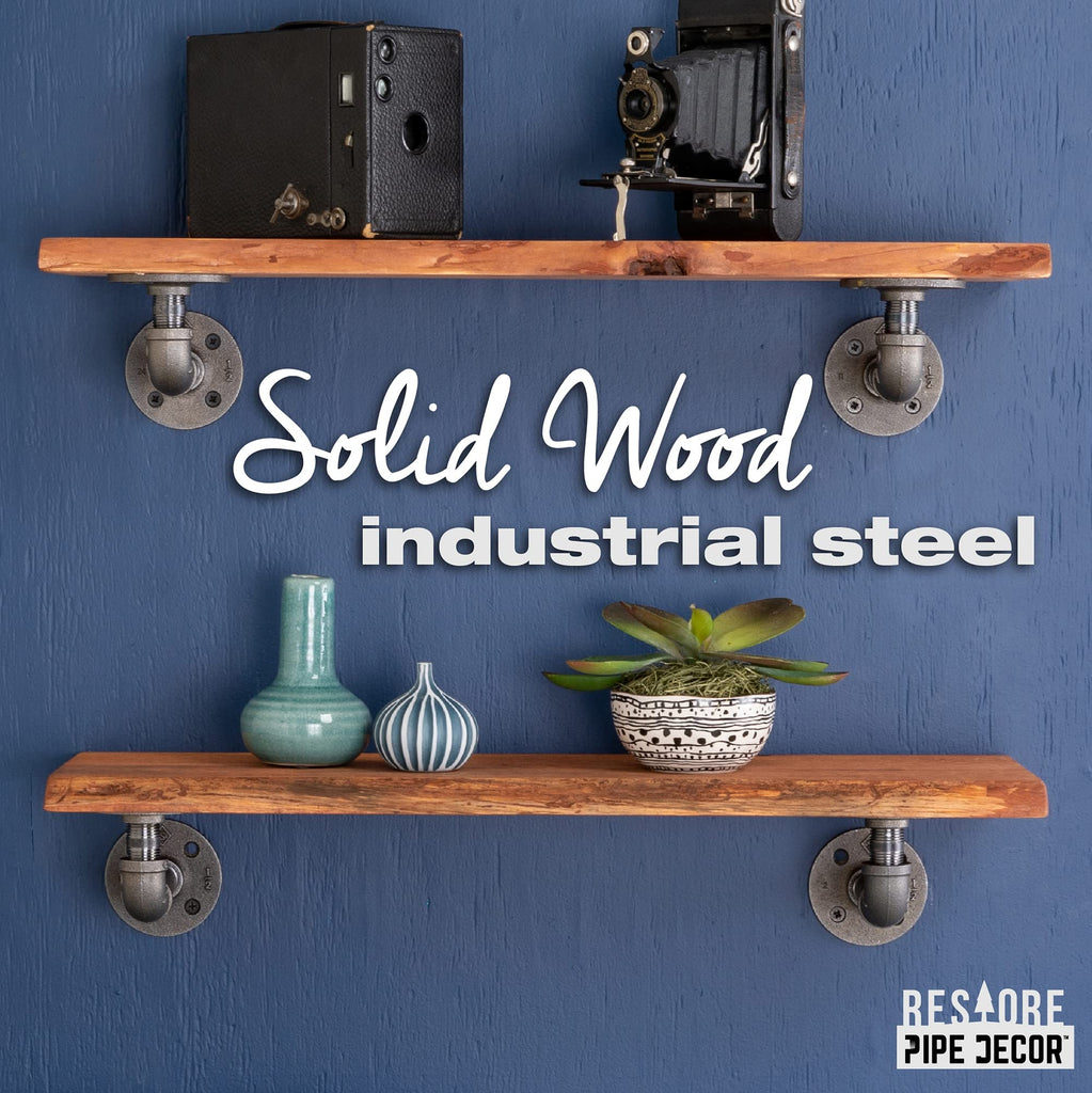 24" Sunset Cedar Live Edge Wood Shelf with Industrial L-Shaped Pipe Brackets (2-Pack)