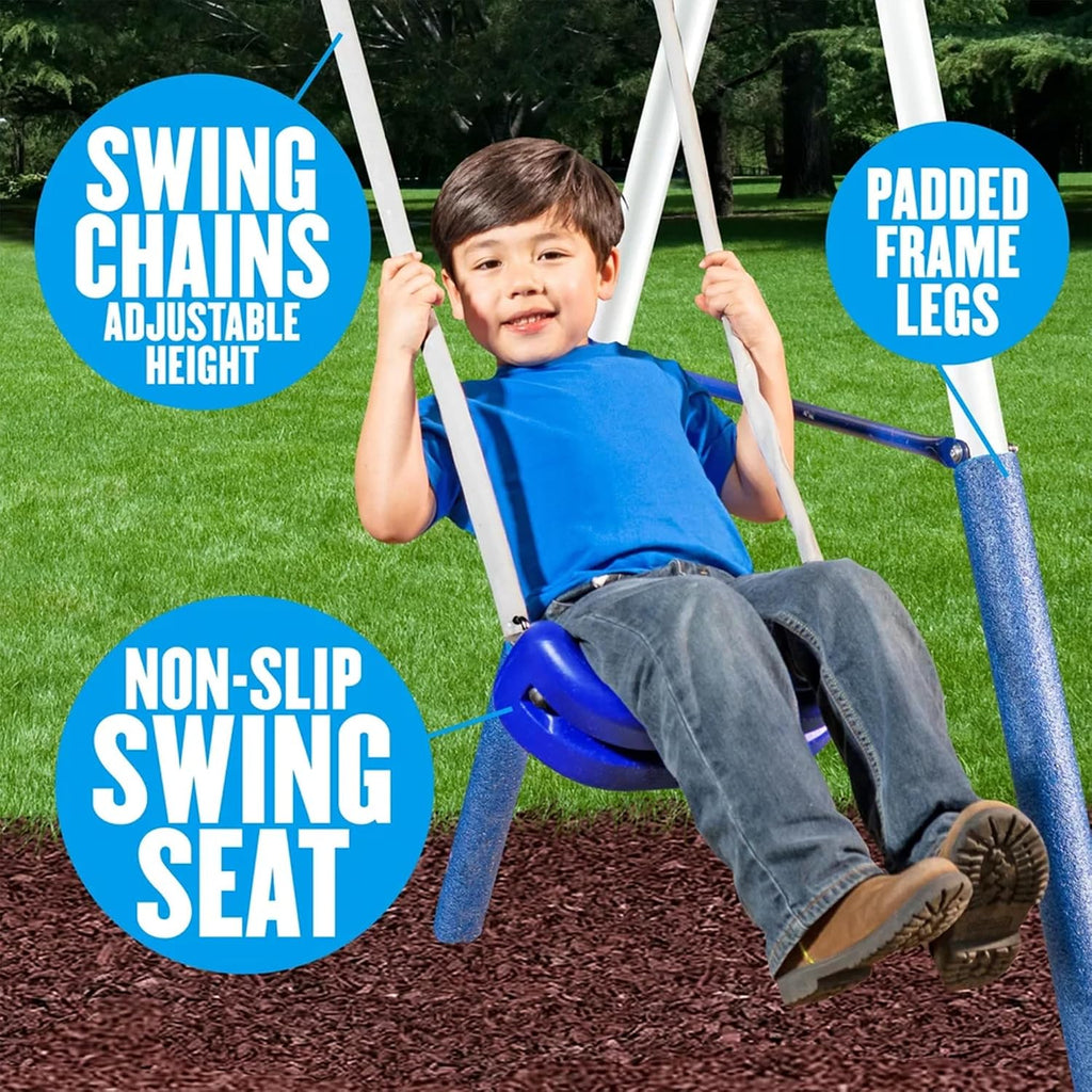 Titan II Safe-Arch Swing Set for Backyard, Silver, Blue & Green - Includes Seesaw, 2 Swing Seats, Stand R, Air