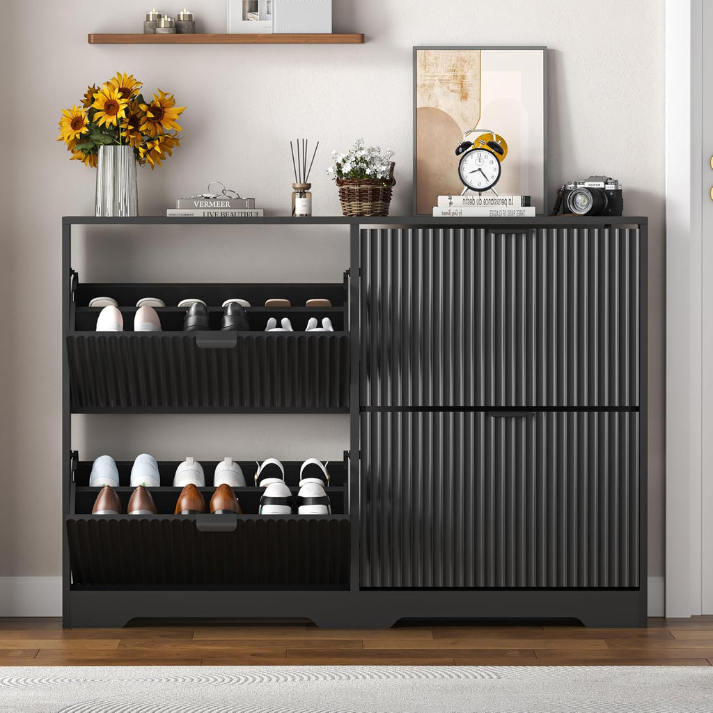 Shoe Cabinet Storage with 4 Flip Drawers, Black Fluted Shoe Cabinet with Adjustable Shelves, Wooden Hidden Shoe Rack