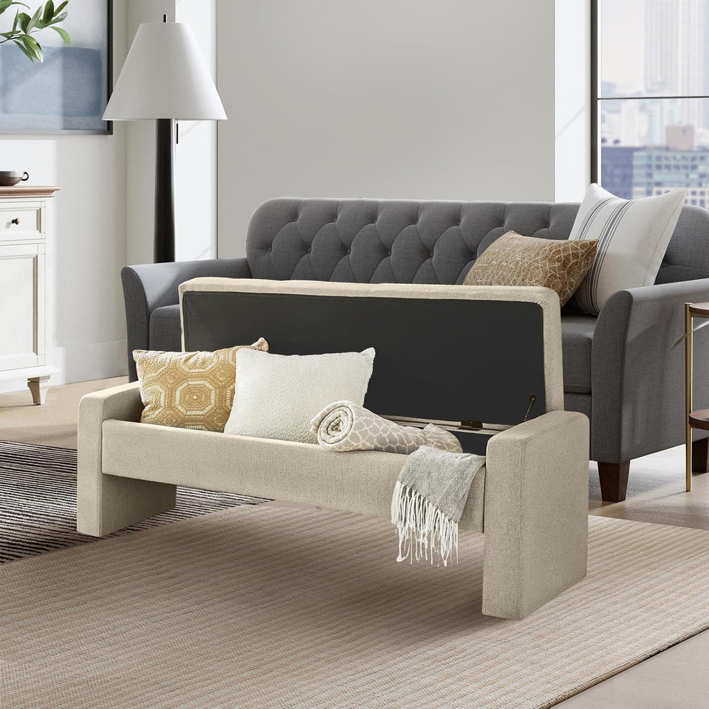 55" Modern Upholstered Storage Bench with Tufted Seat, Fabric Ottoman Bench , or Living Room, Soft Close Hinge,Beige