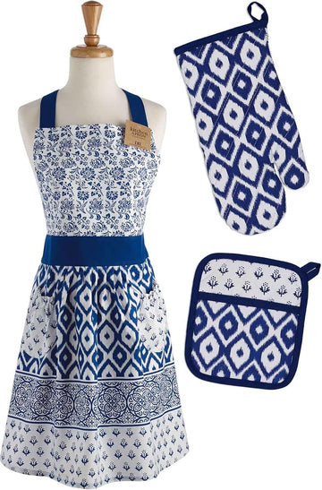 Kitchen Gift Set Collection, Apron, Pot Holder & Oven Mitt, Blue Market, 3 Piece