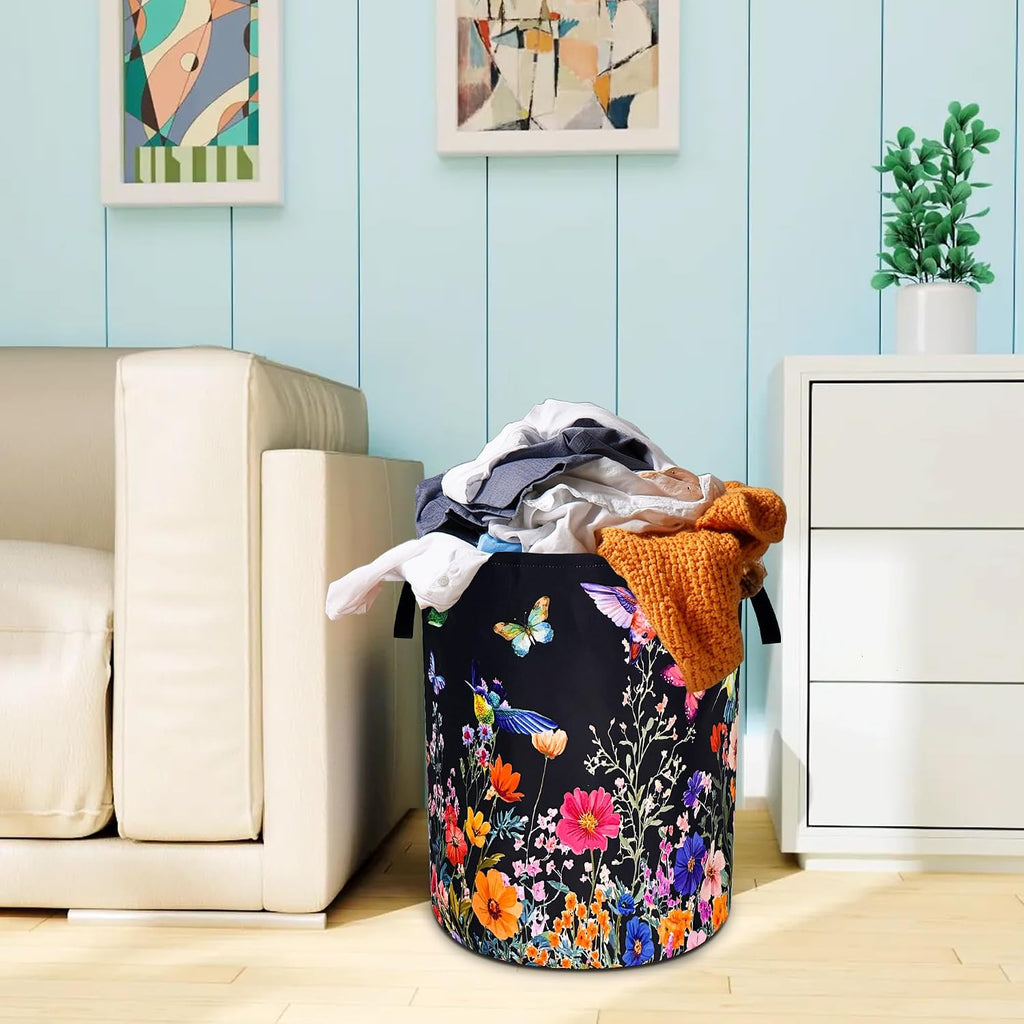 Hummingbird Flowers Laundry Basket Oxford Cloth Butterflies Laundry Hamper | With Handle Foldable Portable Clothes