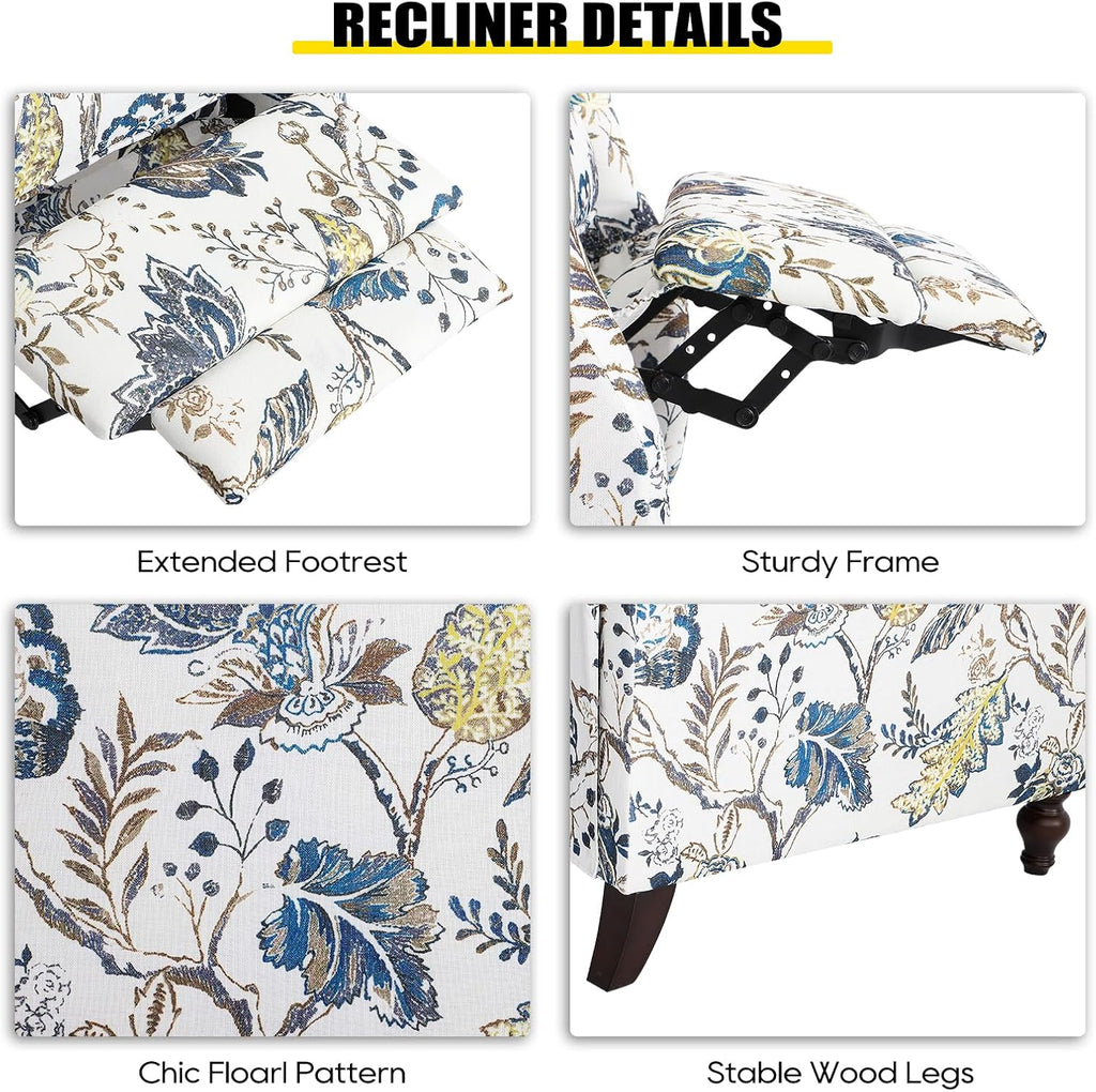 Upholstered Wingback Recliner Chair - Traditional Push Back Recliner Chair with Padded Seat, Fabric Floral Recliner