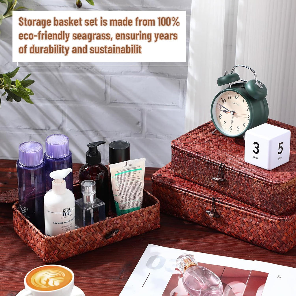 Set of 4 Seagrass Basket with Lid Wicker Storage Basket Decorative Storage Boxes with Lids Flat Storage Bins Woven