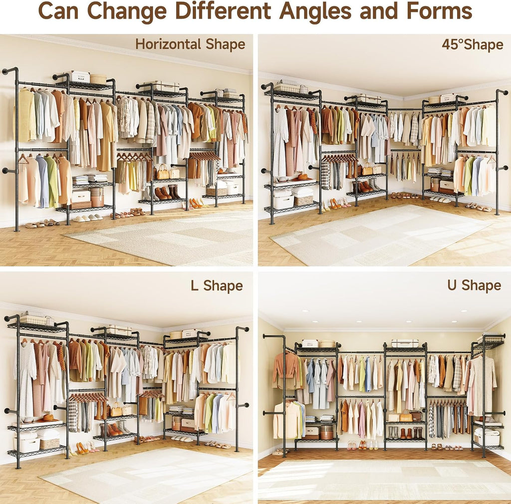 H6 Wall Mounted Closet System, Industrial Pipe Clothes Rack Clothing Racks with 6 Telescopic Rods & 3 Fixing Rods & 9
