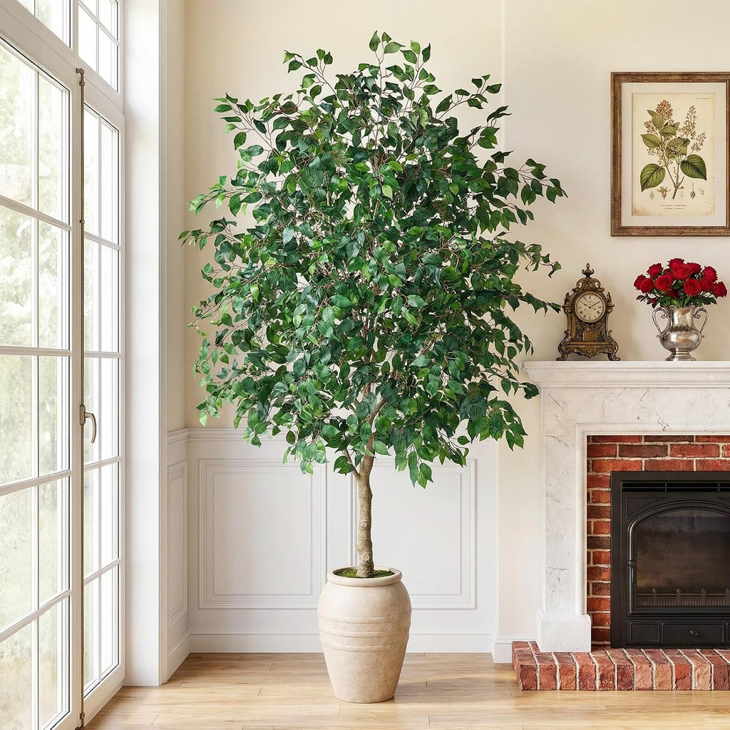 Artificial Ficus Tree Indoor 9ft with Off-White Vintage Planter