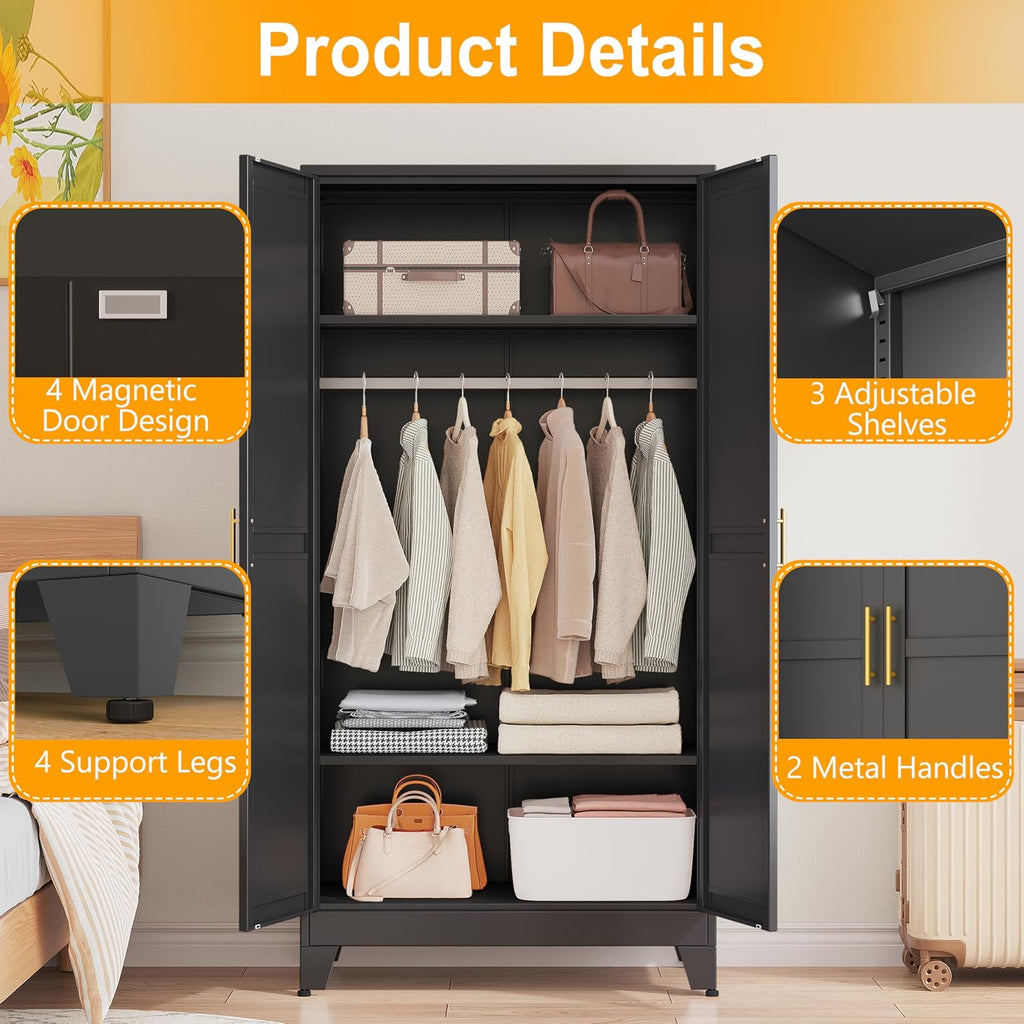 71" H Metal Armoire Wardrobe Closet, Adjustable Shelve, Clothes Drying Pole, Steel Wardrobe Cabinet (Black)