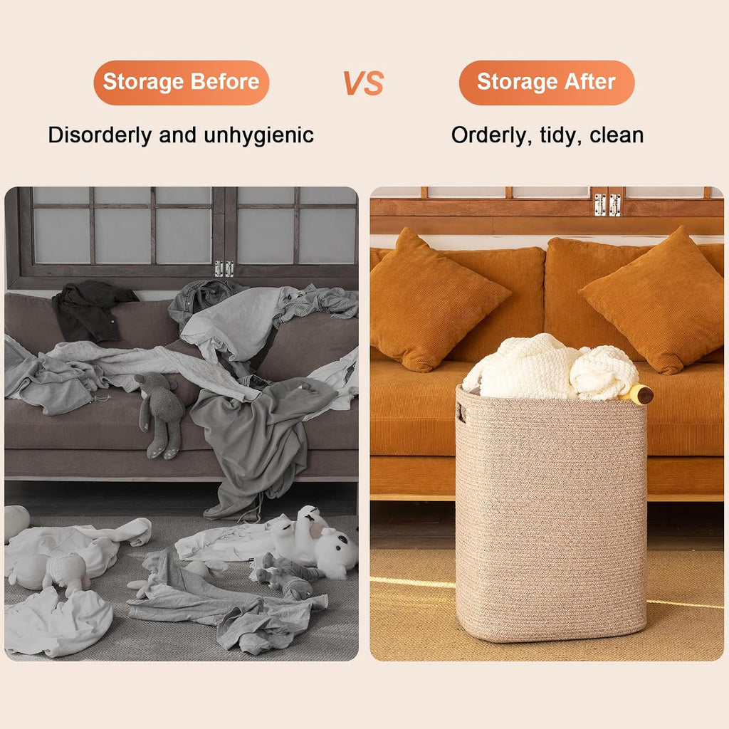 Laundry Hamper, Rectangle Cotton Laundry Basket with Handles, Large Blanket Basket , Woven Decorative Storage for