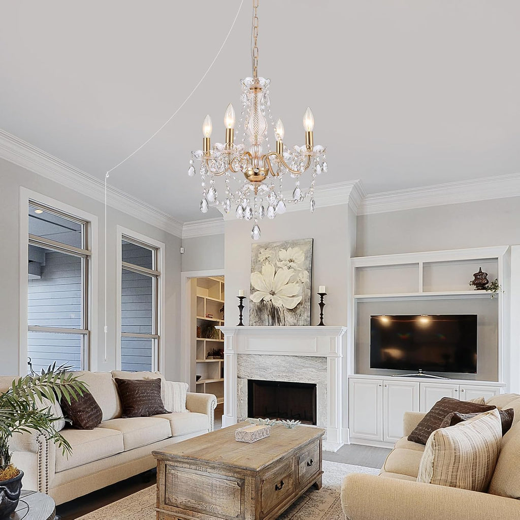 Plug in Crystal Chandelier,French Country Gold Crystals Chandelier Pendant Lighting