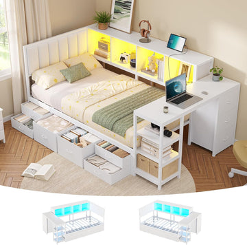 Corner Twin Bed Frame with Desk, 9 Storage Drawers and Bookcase, Twin Size Platform Bed Frame with Charging Station
