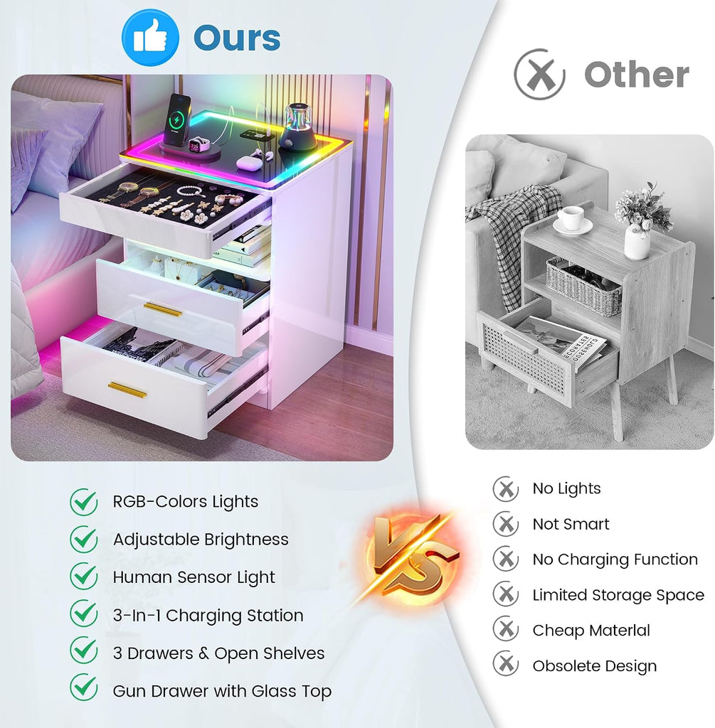 LED Nightstand with RGB Lights - Smart Night Stand with Charging Station, Modern Bedside Table with Tempered Glass