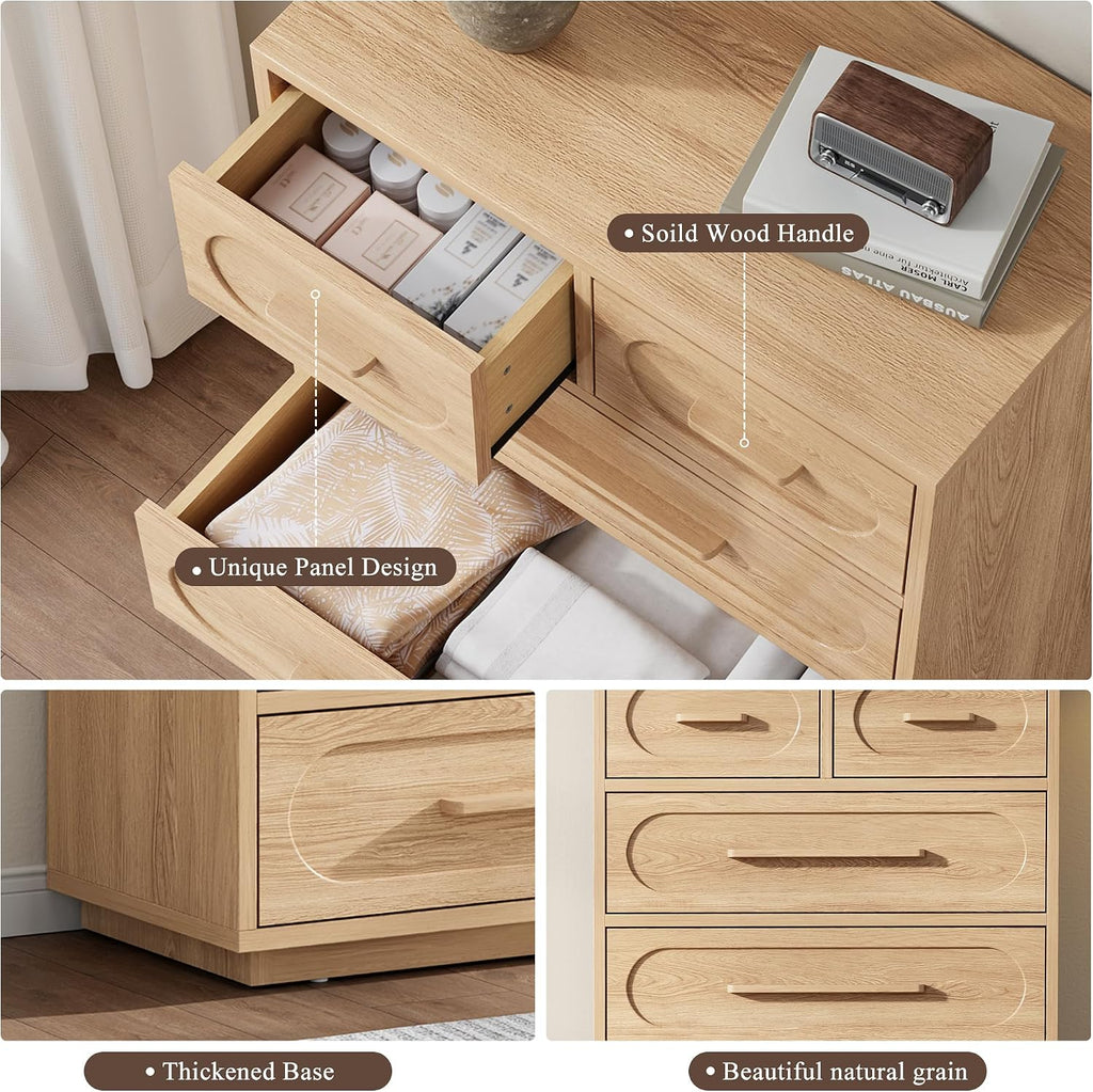 Natural 6 Drawer Dresser , 44" Tall Dressers & Chest of Drawers with Solid Wood Handles, Mid Century Modern Dresser