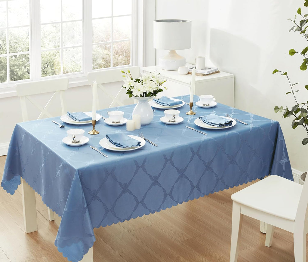 Ribbons and Bows Damask Fabric Tablecloth, Blue, 60 x 144 Inch Rectangle, Wrinkle & Stain Resistant 